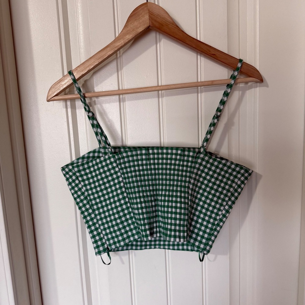 Zara Green White Gingham Smocked Crop Top Camisole Square Neck Spaghetti Strap M - Picture 5 of 8